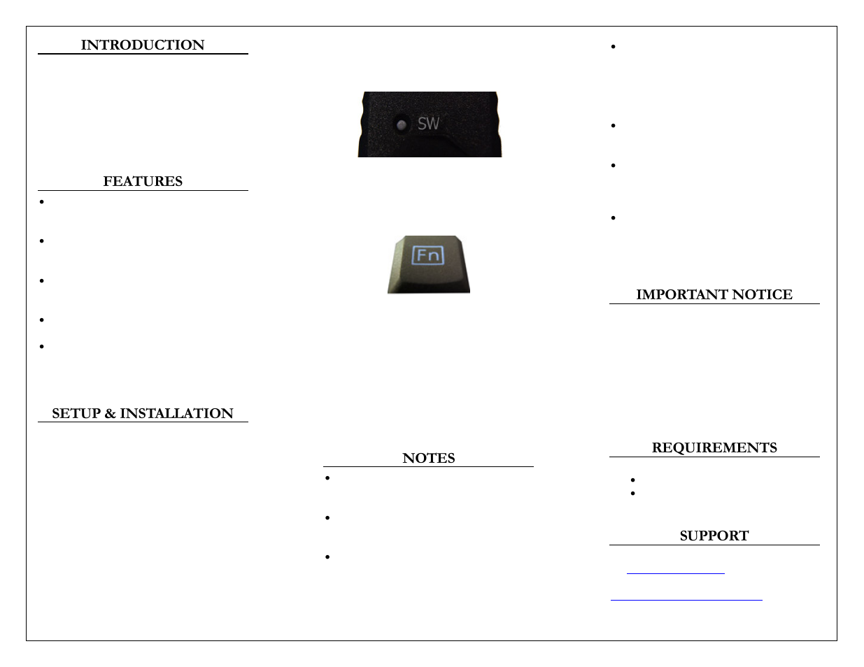 Introduction, Features, Setup & installation | Notes, Important notice, Requirements, Support | Adesso WKB-4000 User Manual | Page 2 / 2