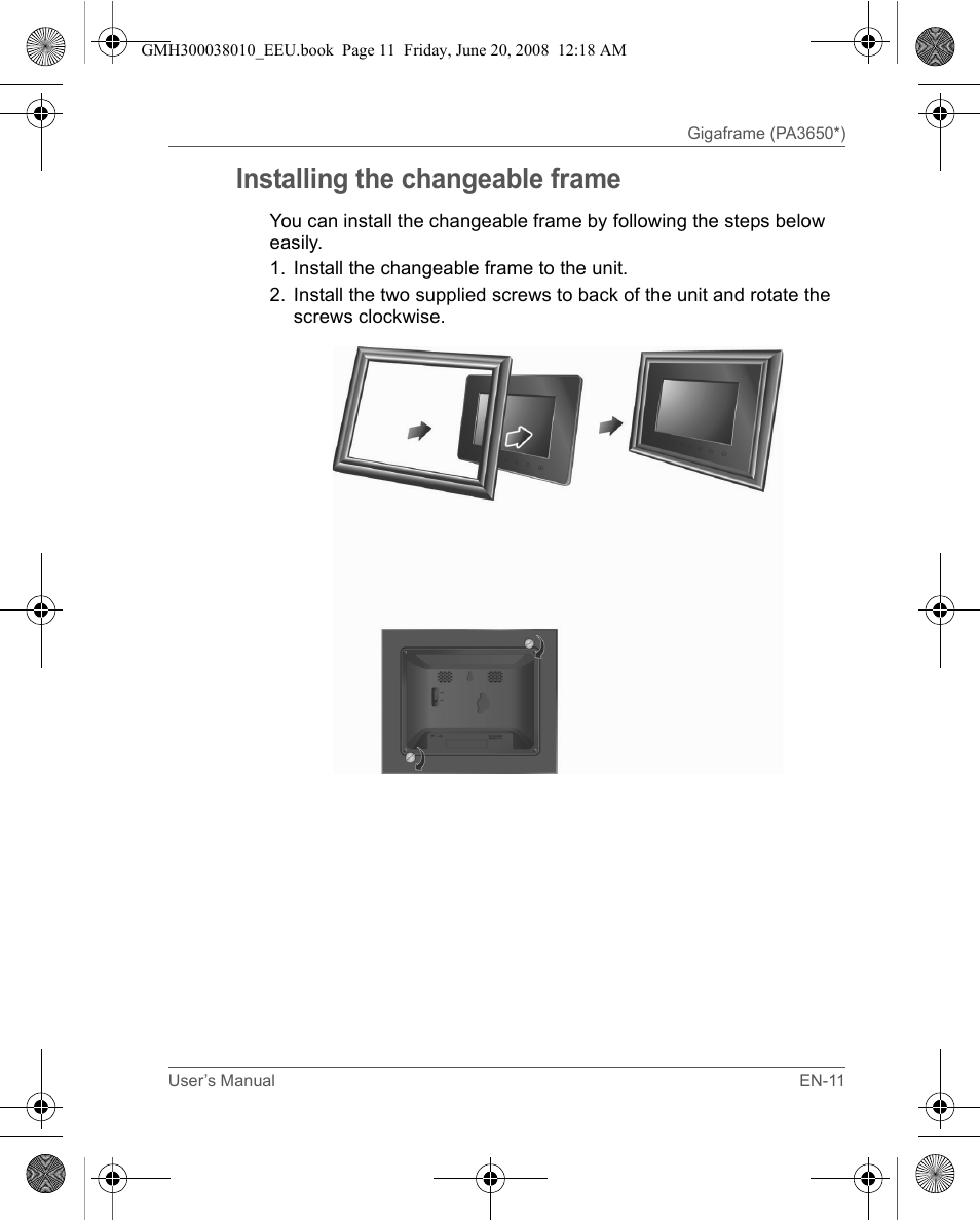 Installing the changeable frame | Toshiba Gigaframe Q-Series User Manual | Page 11 / 260