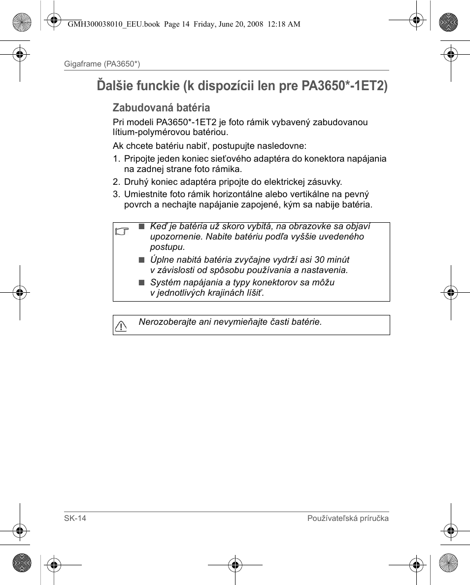 Zabudovaná batéria | Toshiba Gigaframe Q-Series User Manual | Page 114 / 260