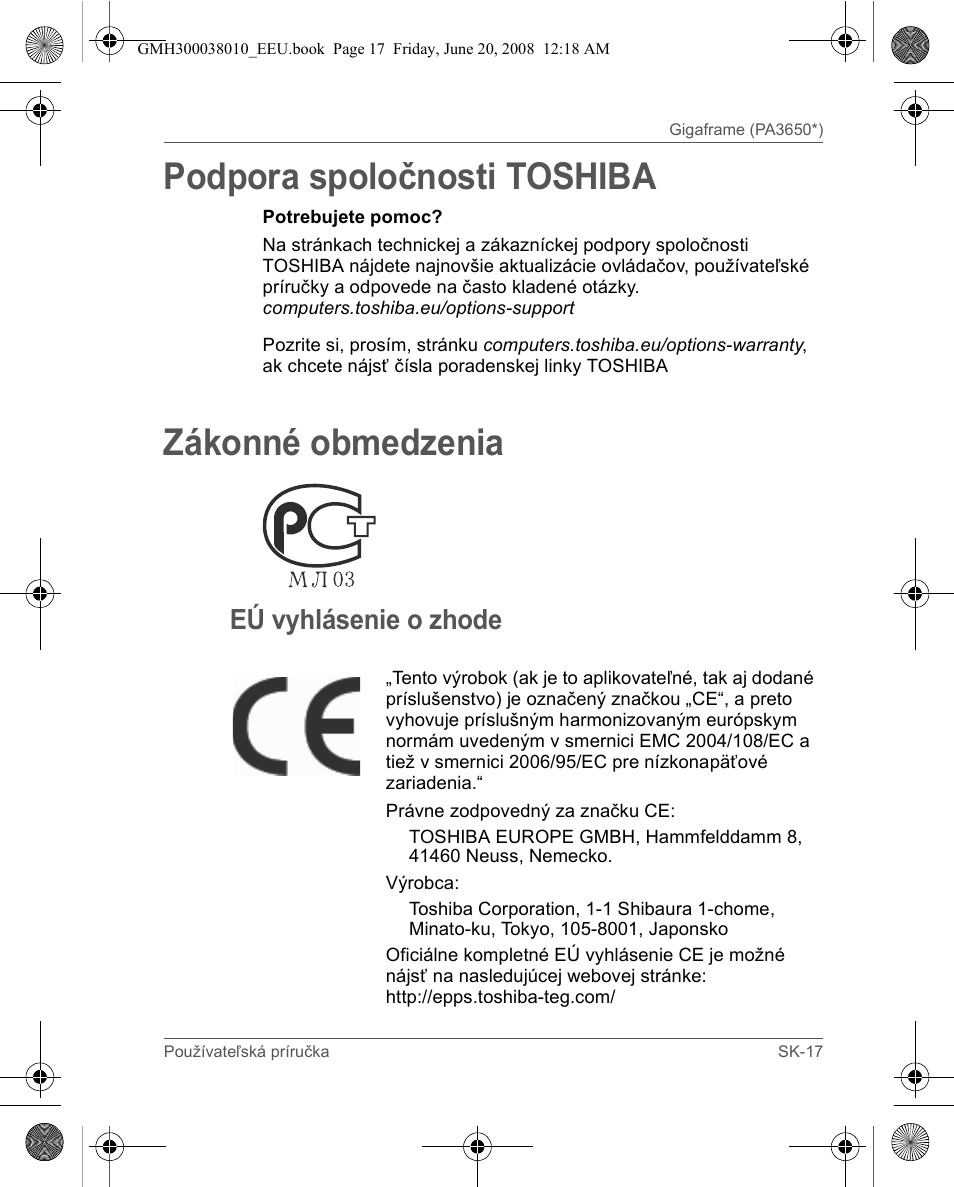 Podpora spoločnosti toshiba, Zákonné obmedzenia, Eú vyhlásenie o zhode | Toshiba Gigaframe Q-Series User Manual | Page 117 / 260