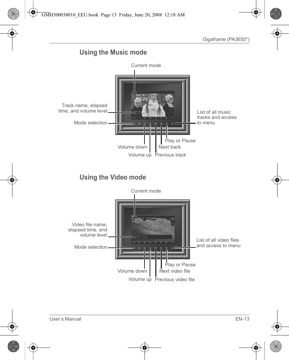 Using the music mode using the video mode | Toshiba Gigaframe Q-Series User Manual | Page 13 / 260