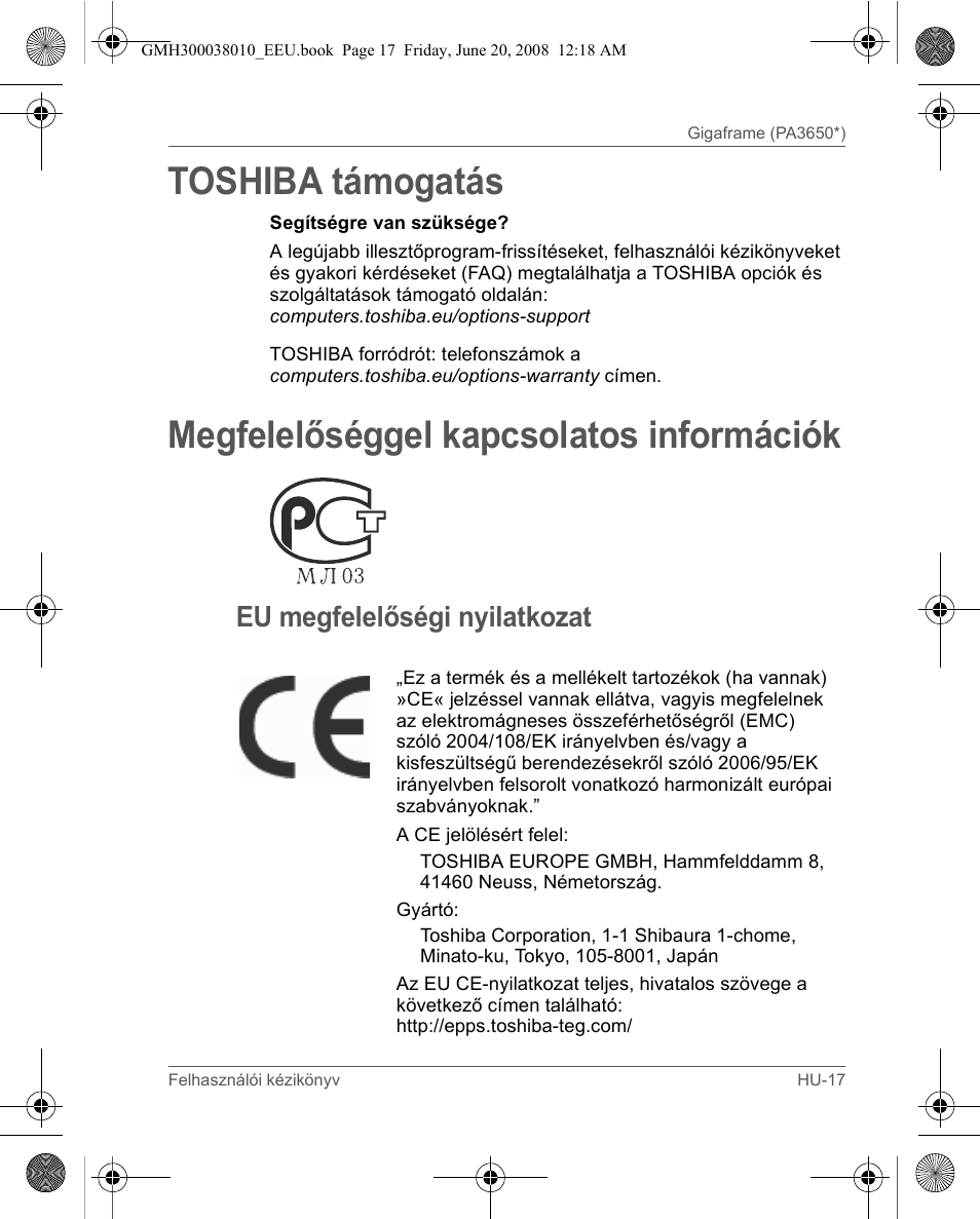 Toshiba támogatás, Megfelelőséggel kapcsolatos információk, Eu megfelelőségi nyilatkozat | Toshiba Gigaframe Q-Series User Manual | Page 137 / 260