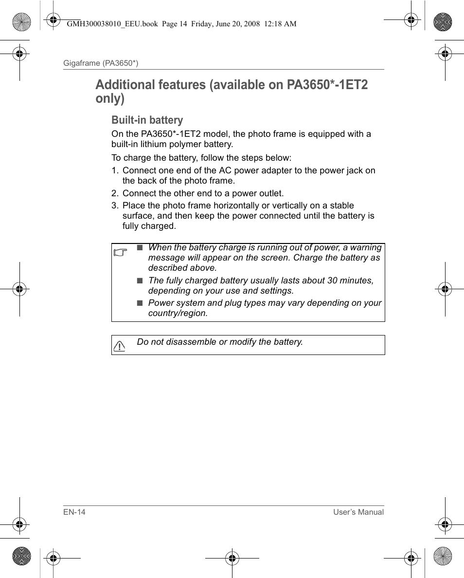 Built-in battery | Toshiba Gigaframe Q-Series User Manual | Page 14 / 260