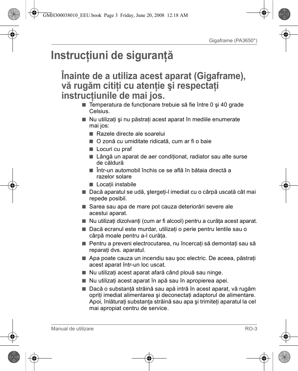 Instrucţiuni de siguranţă | Toshiba Gigaframe Q-Series User Manual | Page 143 / 260