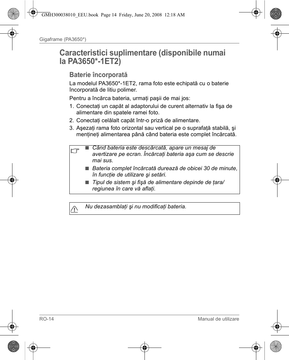 Baterie încorporată | Toshiba Gigaframe Q-Series User Manual | Page 154 / 260