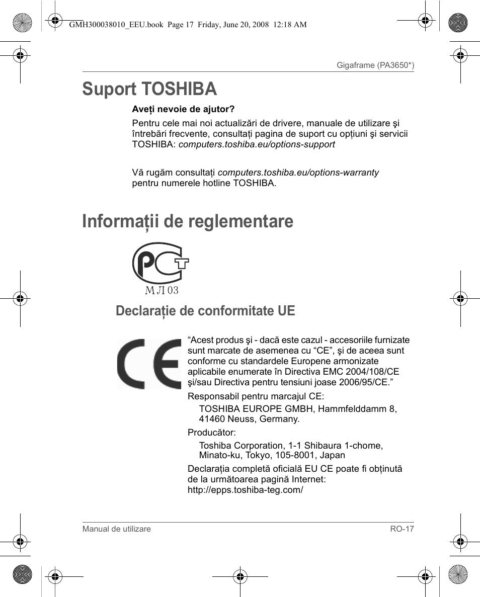 Suport toshiba, Informaţii de reglementare, Declaraţie de conformitate ue | Toshiba Gigaframe Q-Series User Manual | Page 157 / 260