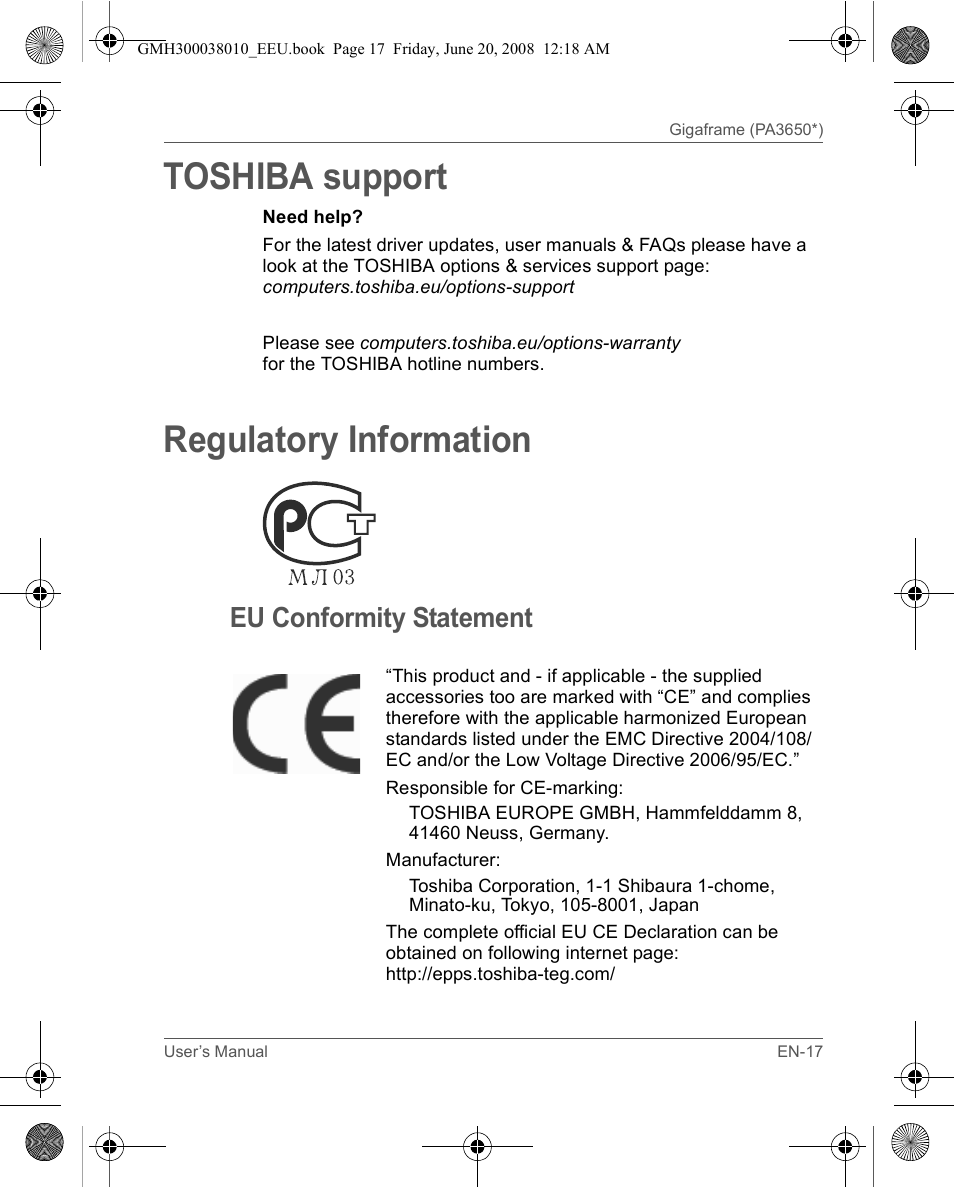 Toshiba support, Regulatory information, Eu conformity statement | Toshiba Gigaframe Q-Series User Manual | Page 17 / 260