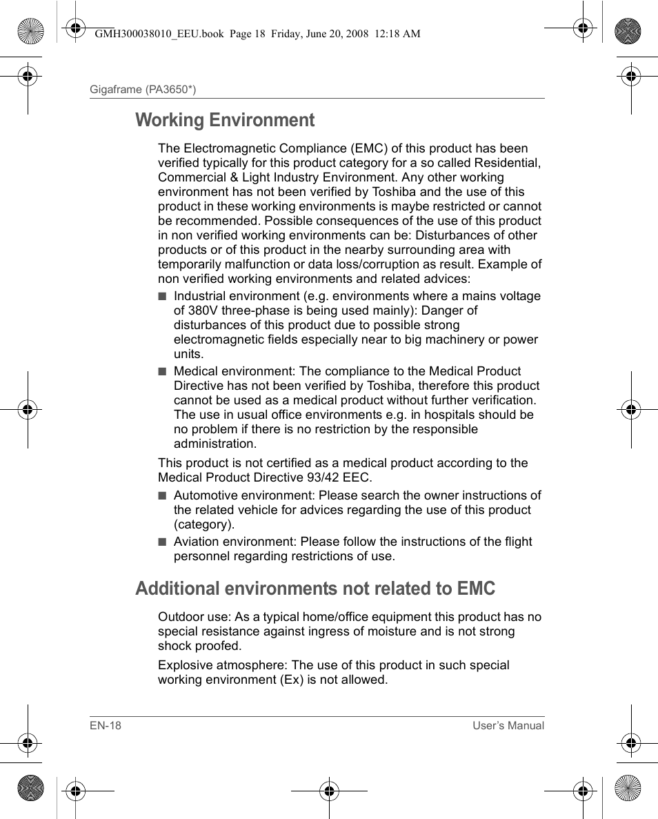 Working environment, Additional environments not related to emc | Toshiba Gigaframe Q-Series User Manual | Page 18 / 260