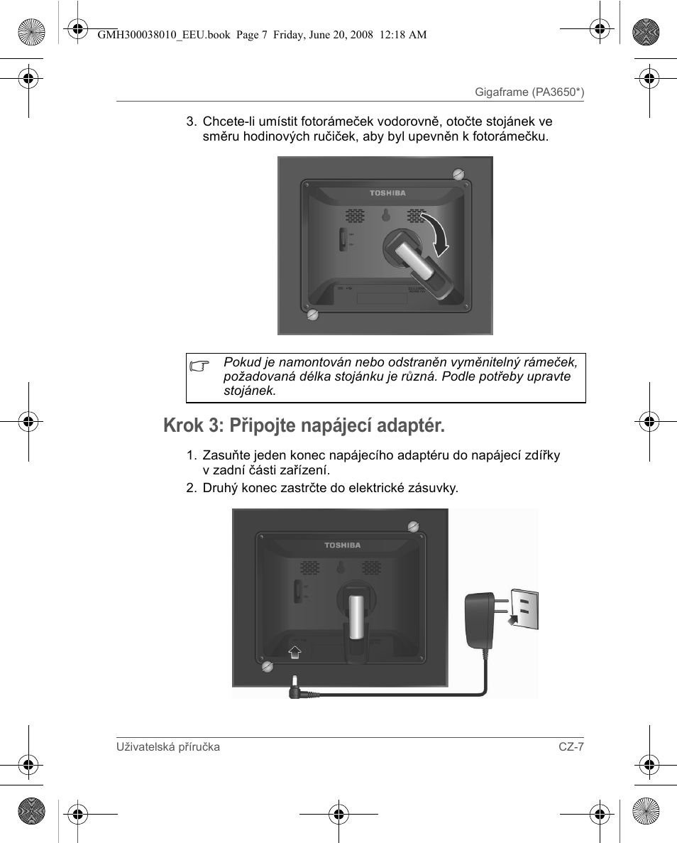 Krok 3: připojte napájecí adaptér | Toshiba Gigaframe Q-Series User Manual | Page 187 / 260