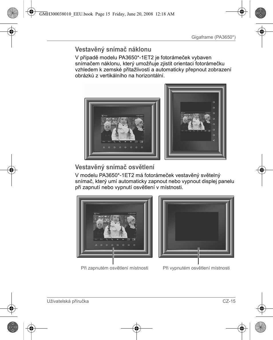 Vestavěný snímač náklonu, Vestavěný snímač osvětlení | Toshiba Gigaframe Q-Series User Manual | Page 195 / 260