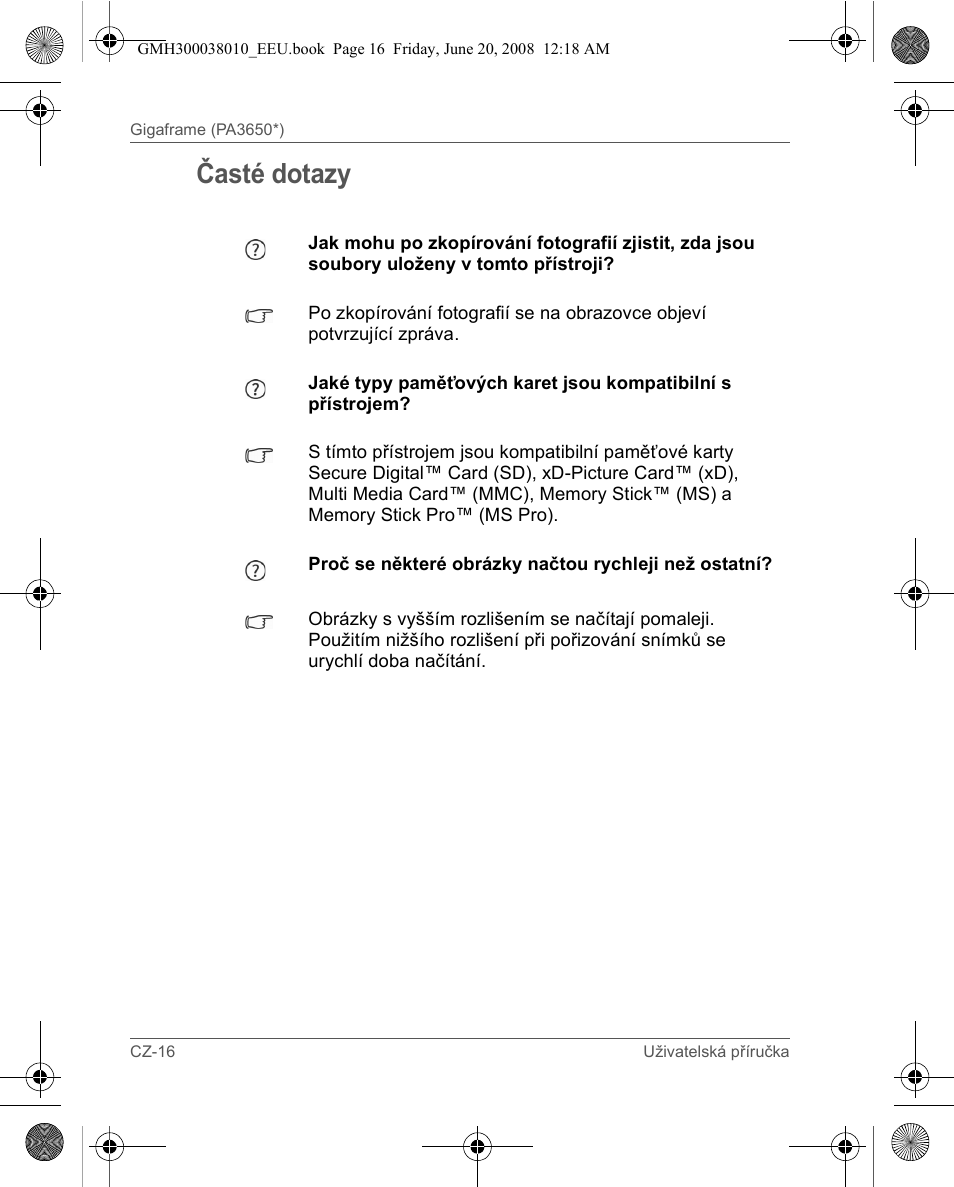 Časté dotazy | Toshiba Gigaframe Q-Series User Manual | Page 196 / 260