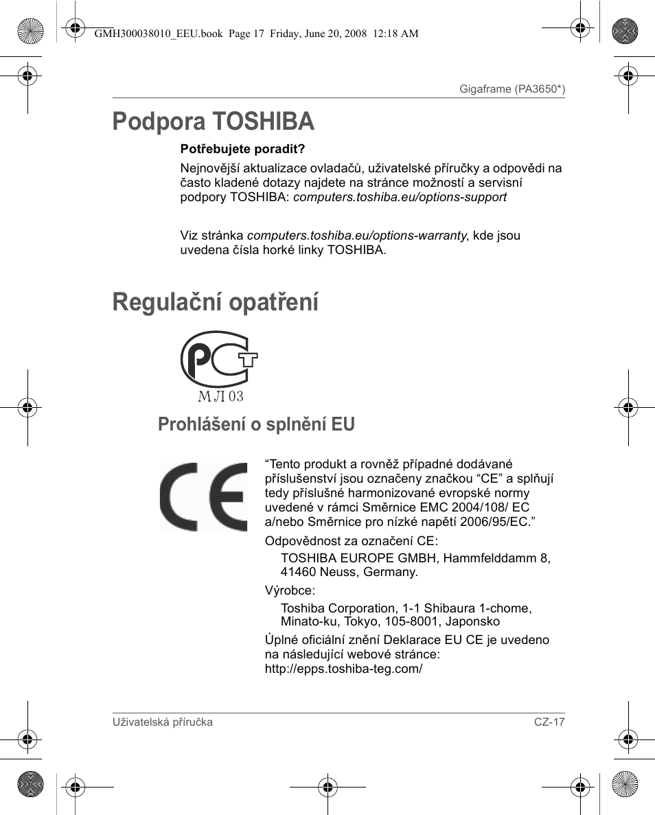 Podpora toshiba, Regulační opatření, Prohlášení o splnění eu | Toshiba Gigaframe Q-Series User Manual | Page 197 / 260