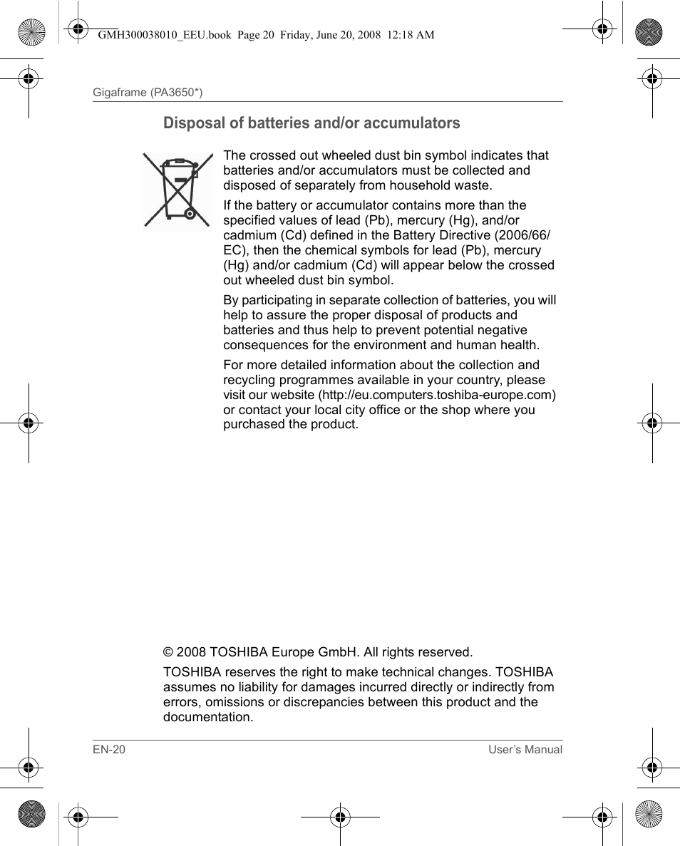 Disposal of batteries and/or accumulators | Toshiba Gigaframe Q-Series User Manual | Page 20 / 260