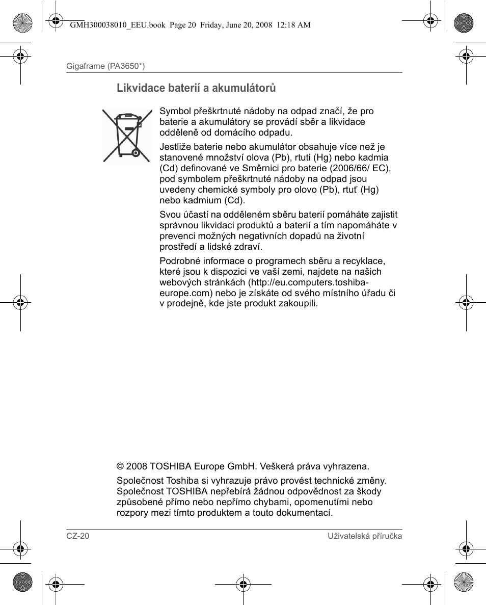 Likvidace baterií a akumulátorů | Toshiba Gigaframe Q-Series User Manual | Page 200 / 260