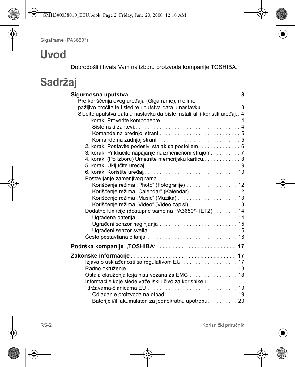 Uvod, Sadržaj | Toshiba Gigaframe Q-Series User Manual | Page 202 / 260