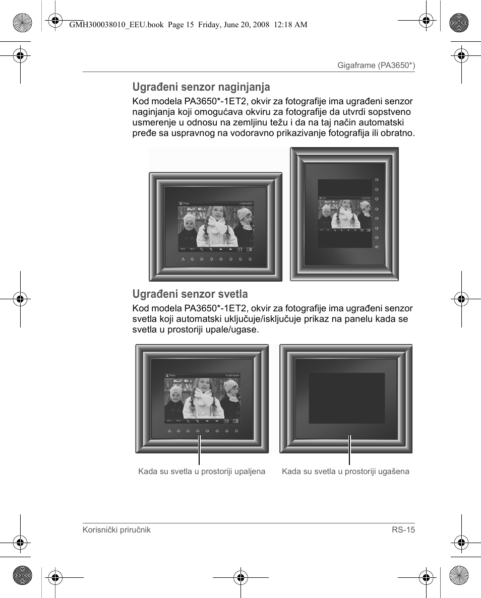 Ugrađeni senzor naginjanja, Ugrađeni senzor svetla | Toshiba Gigaframe Q-Series User Manual | Page 215 / 260