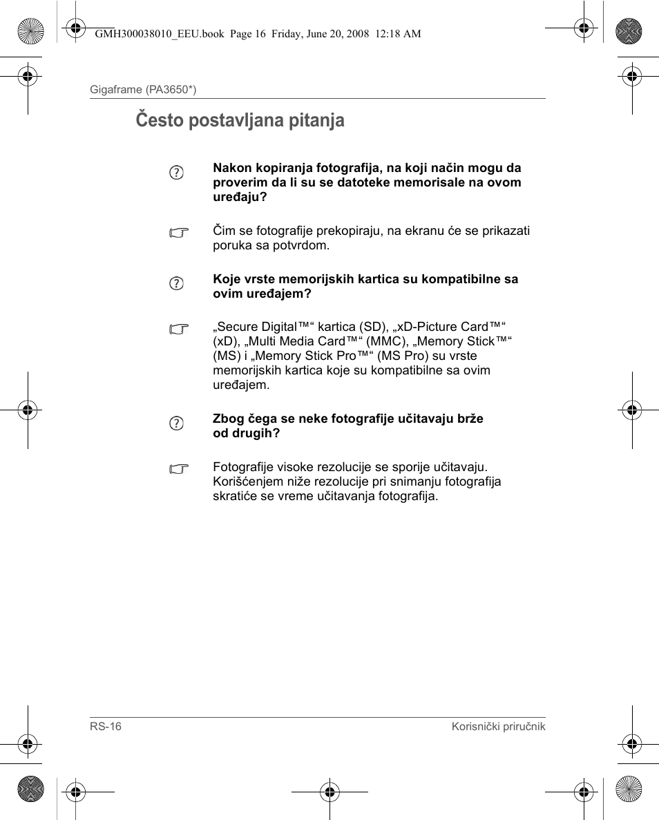 Često postavljana pitanja | Toshiba Gigaframe Q-Series User Manual | Page 216 / 260