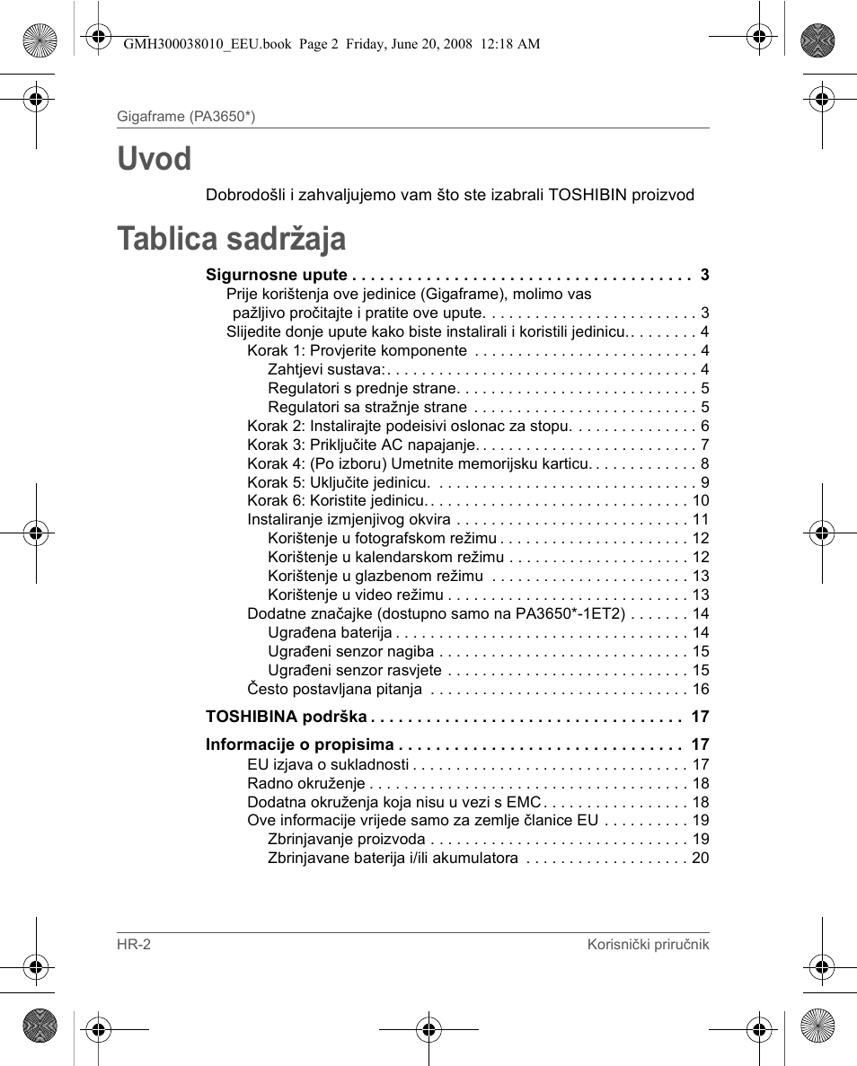 Uvod, Tablica sadržaja | Toshiba Gigaframe Q-Series User Manual | Page 222 / 260