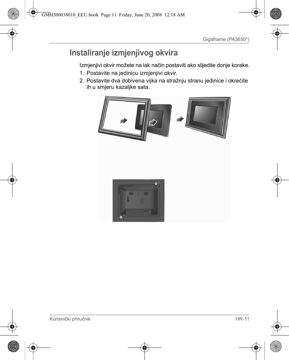 Instaliranje izmjenjivog okvira | Toshiba Gigaframe Q-Series User Manual | Page 231 / 260