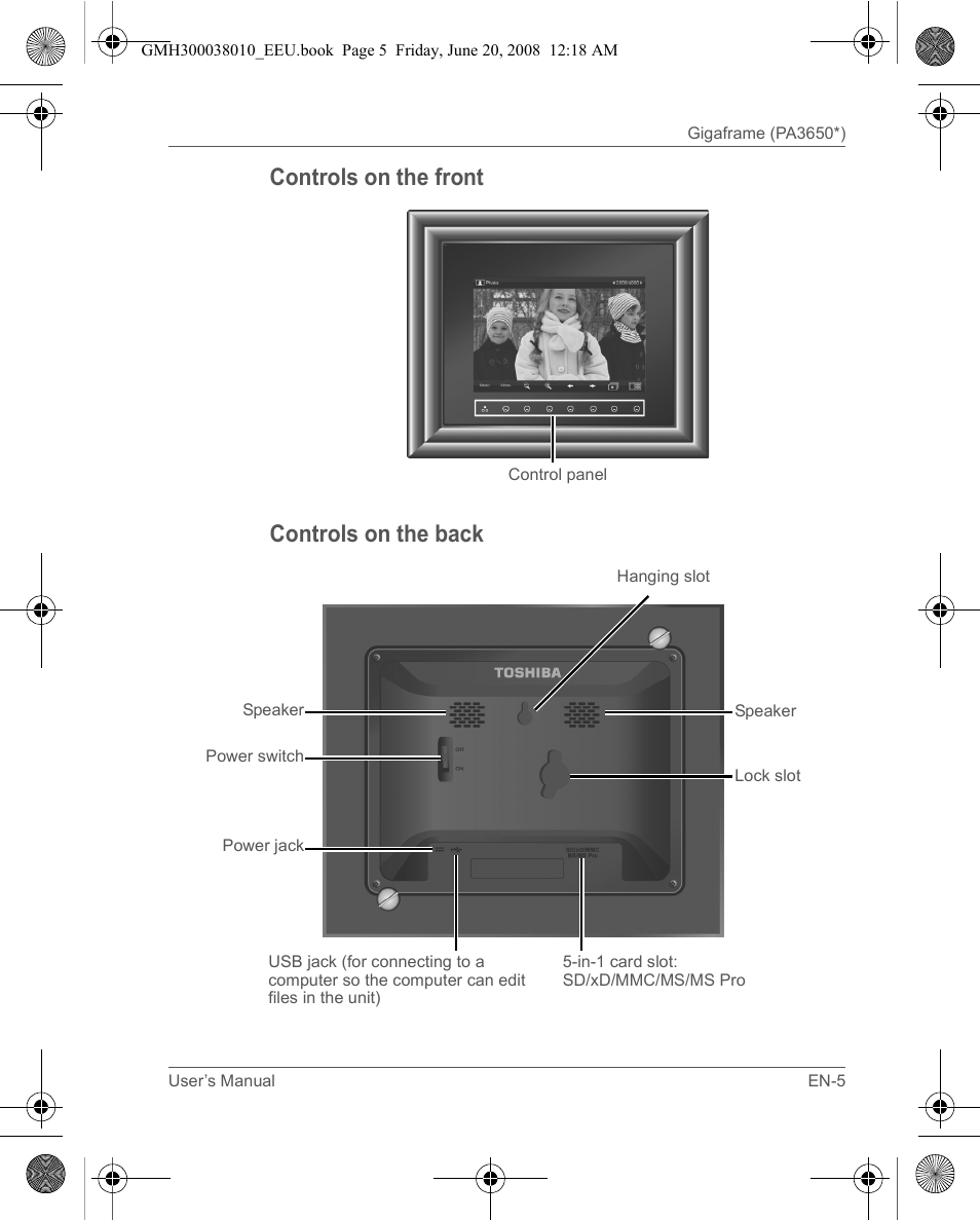 Controls on the front controls on the back | Toshiba Gigaframe Q-Series User Manual | Page 5 / 260