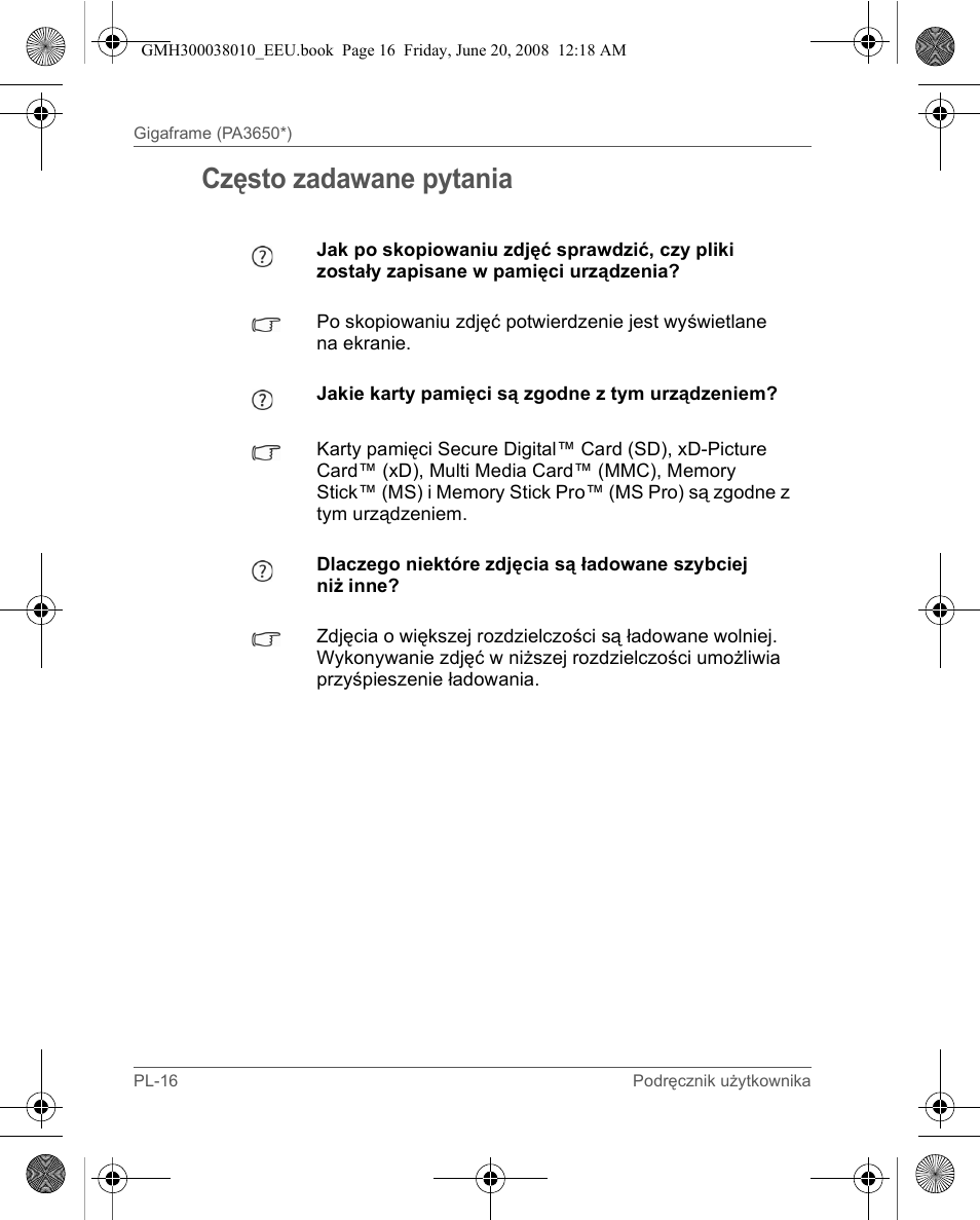 Często zadawane pytania | Toshiba Gigaframe Q-Series User Manual | Page 56 / 260