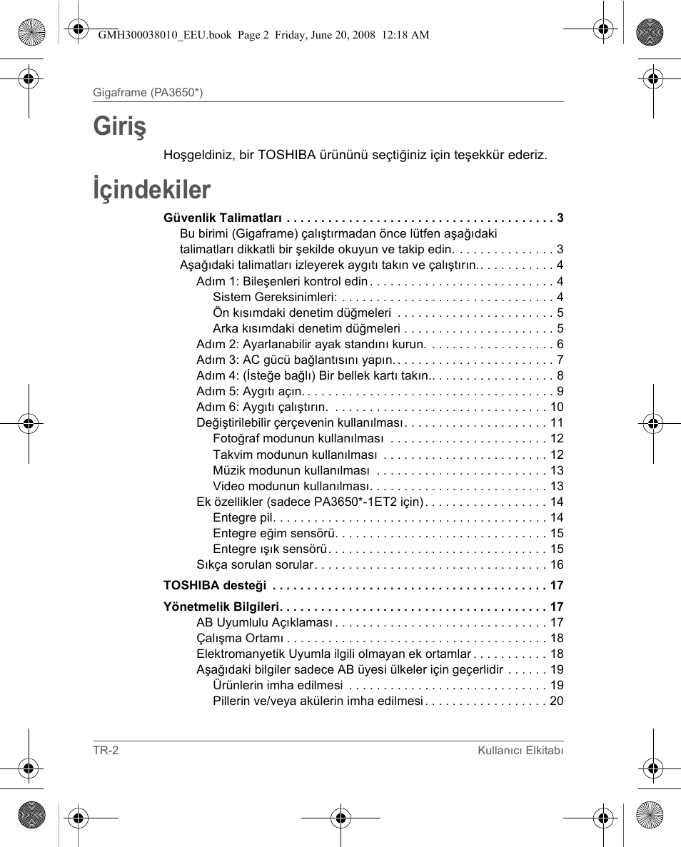 Giriş, Içindekiler | Toshiba Gigaframe Q-Series User Manual | Page 62 / 260