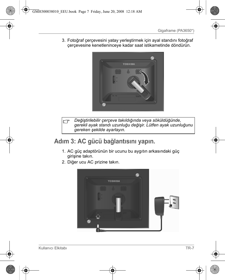 Adım 3: ac gücü bağlantısını yapın | Toshiba Gigaframe Q-Series User Manual | Page 67 / 260