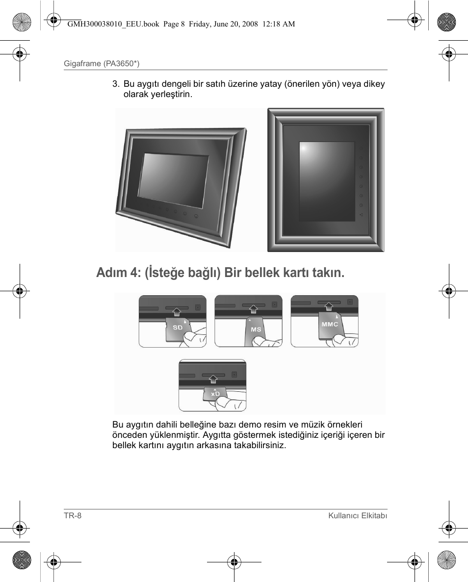 Adım 4: (isteğe bağlı) bir bellek kartı takın | Toshiba Gigaframe Q-Series User Manual | Page 68 / 260