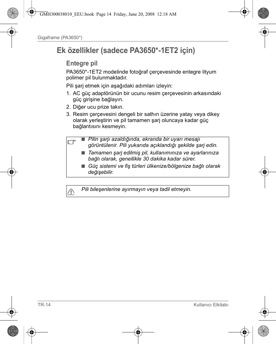 Entegre pil | Toshiba Gigaframe Q-Series User Manual | Page 74 / 260