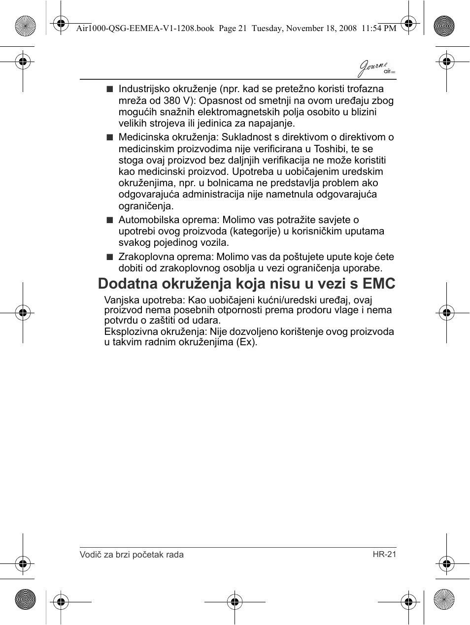 Dodatna okruženja koja nisu u vezi s emc | Toshiba JournE Air1000 User Manual | Page 115 / 302