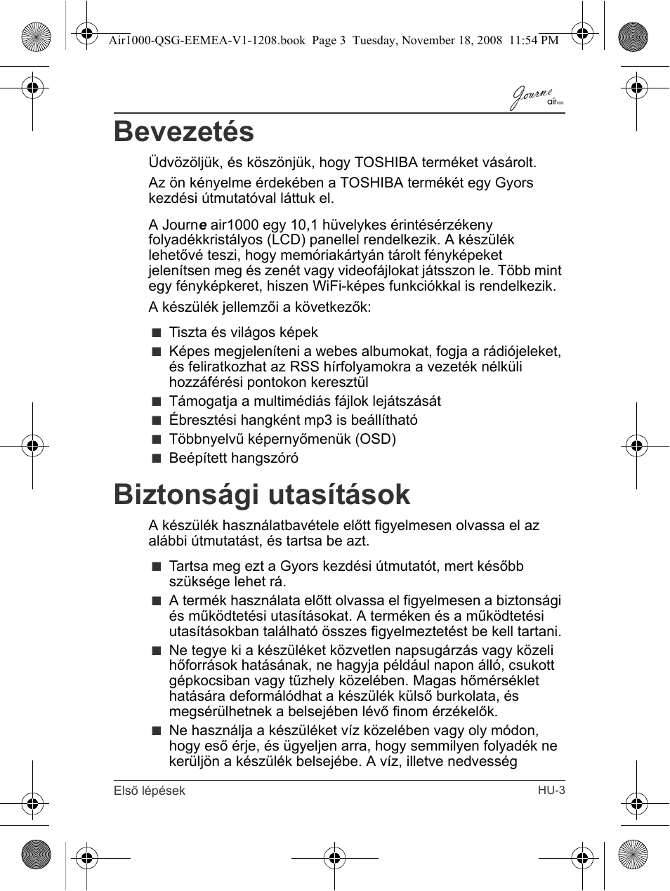 Bevezetés, Biztonsági utasítások | Toshiba JournE Air1000 User Manual | Page 119 / 302