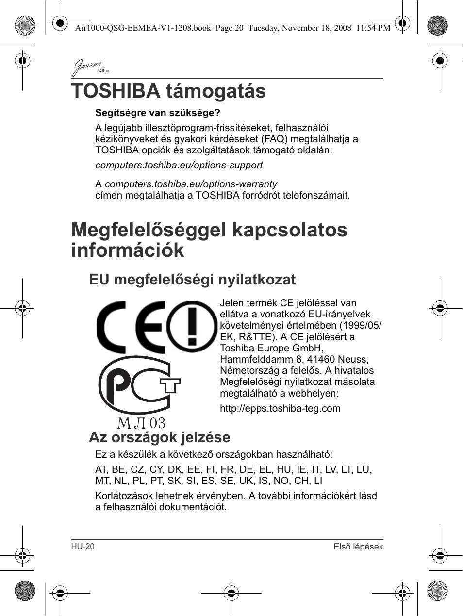 Toshiba támogatás, Megfelelőséggel kapcsolatos információk, Eu megfelelőségi nyilatkozat az országok jelzése | Toshiba JournE Air1000 User Manual | Page 136 / 302