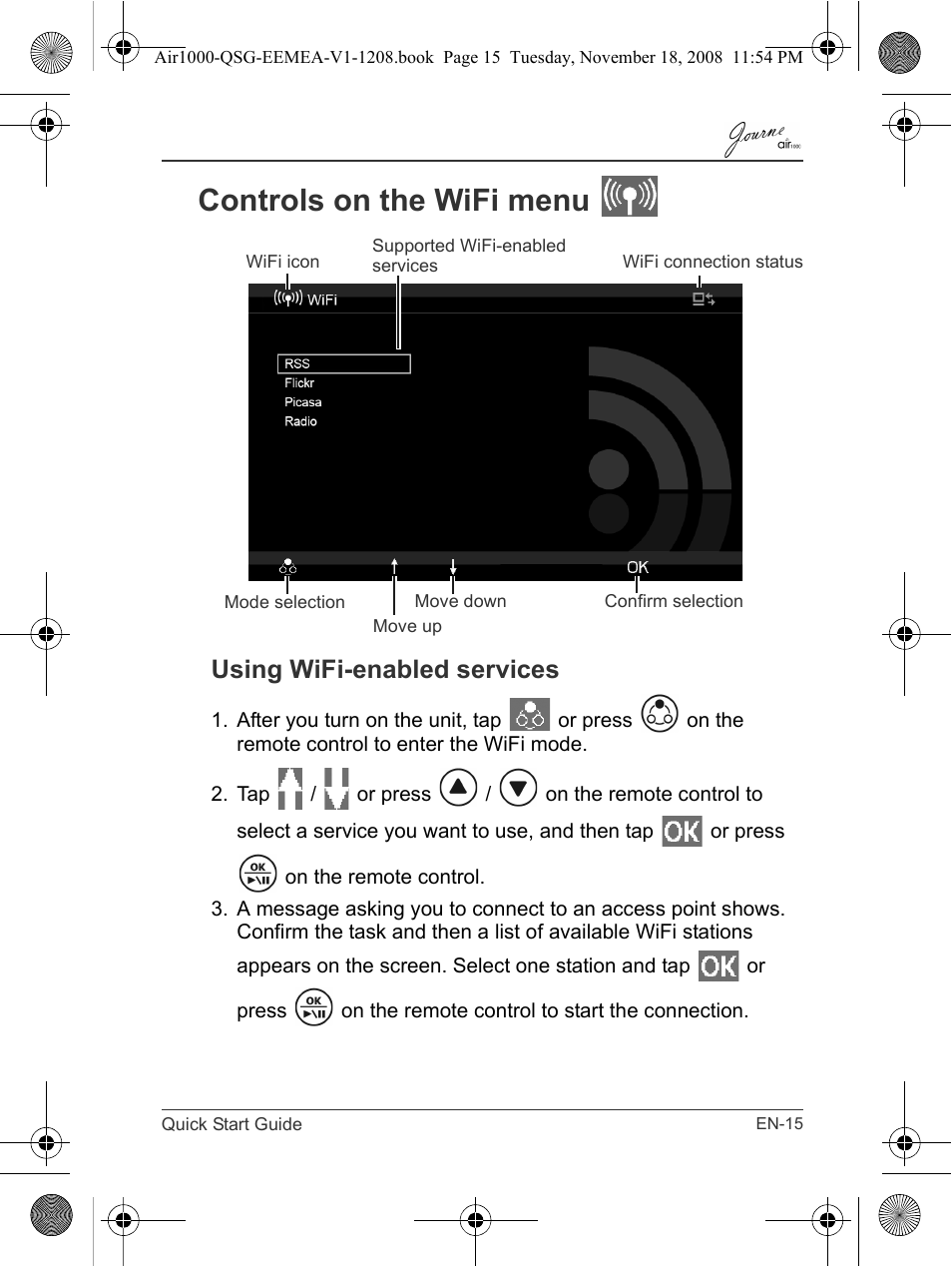 Controls on the wifi menu, Using wifi-enabled services | Toshiba JournE Air1000 User Manual | Page 15 / 302