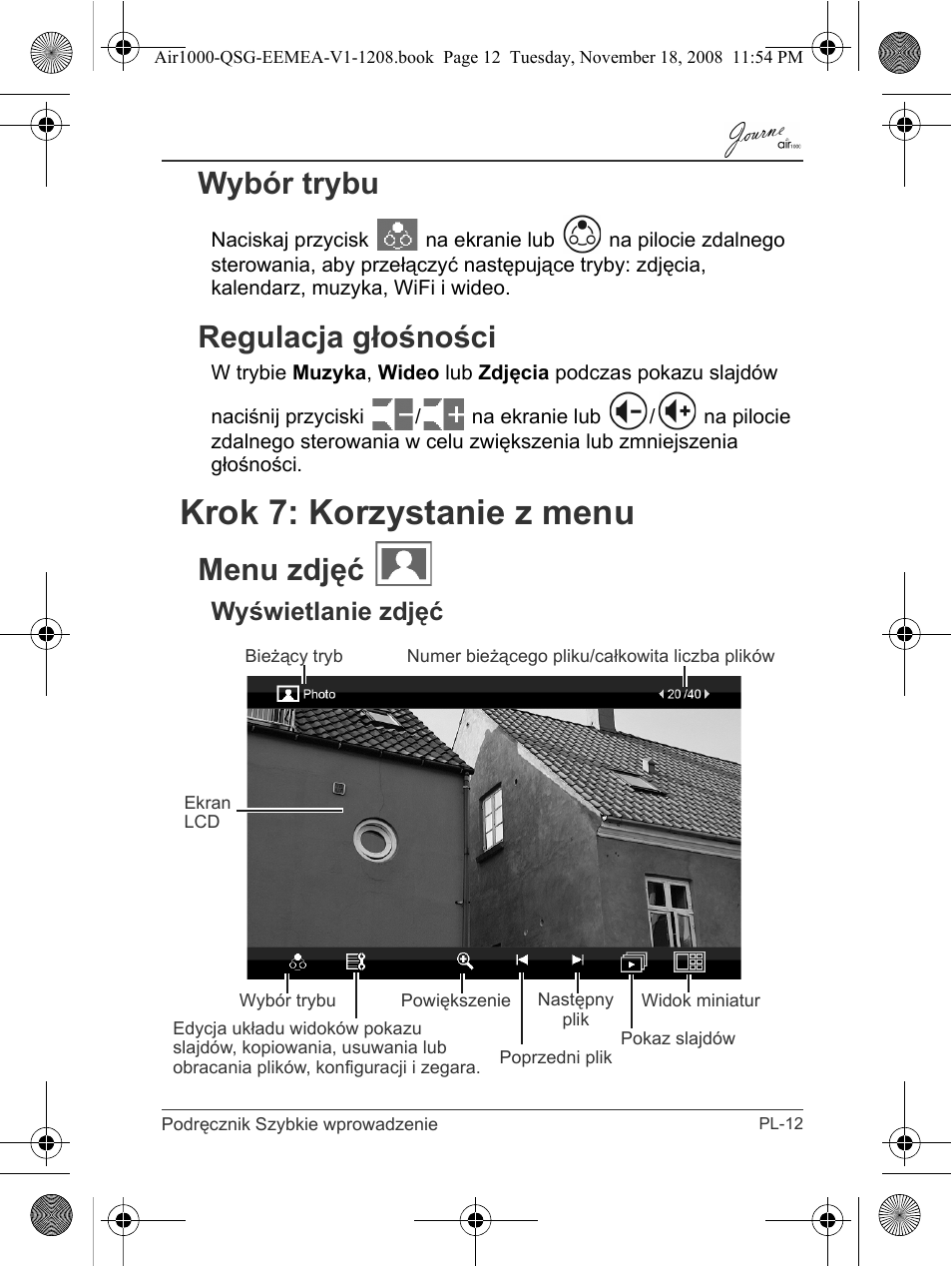 Wybór trybu regulacja głośności, Krok 7: korzystanie z menu, Menu zdjęć | Wyświetlanie zdjęć, Wybór trybu, Regulacja głośności | Toshiba JournE Air1000 User Manual | Page 151 / 302