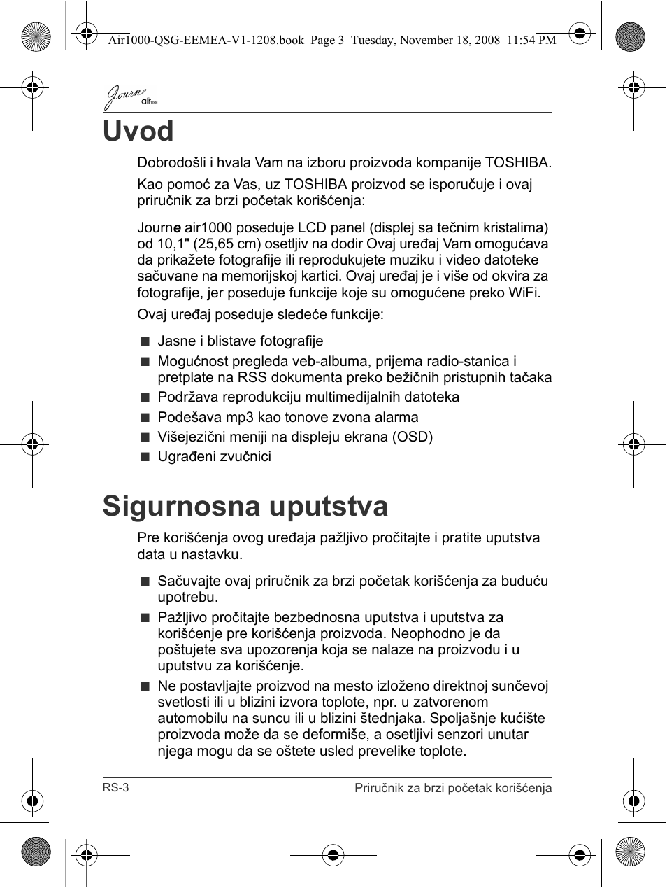 Uvod, Sigurnosna uputstva | Toshiba JournE Air1000 User Manual | Page 166 / 302