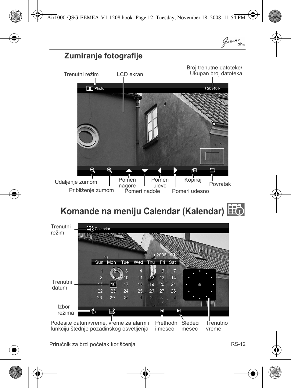 Zumiranje fotografije, Komande na meniju calendar (kalendar) | Toshiba JournE Air1000 User Manual | Page 175 / 302