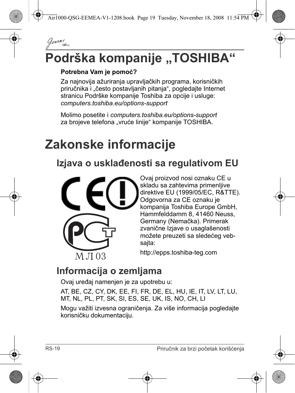 Podrška kompanije „toshiba, Zakonske informacije | Toshiba JournE Air1000 User Manual | Page 182 / 302