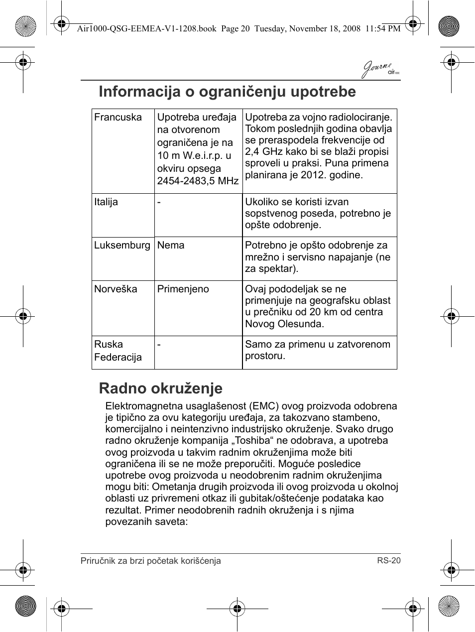 Informacija o ograničenju upotrebe radno okruženje | Toshiba JournE Air1000 User Manual | Page 183 / 302