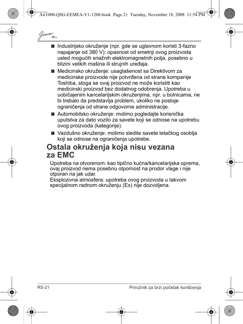 Ostala okruženja koja nisu vezana za emc | Toshiba JournE Air1000 User Manual | Page 184 / 302