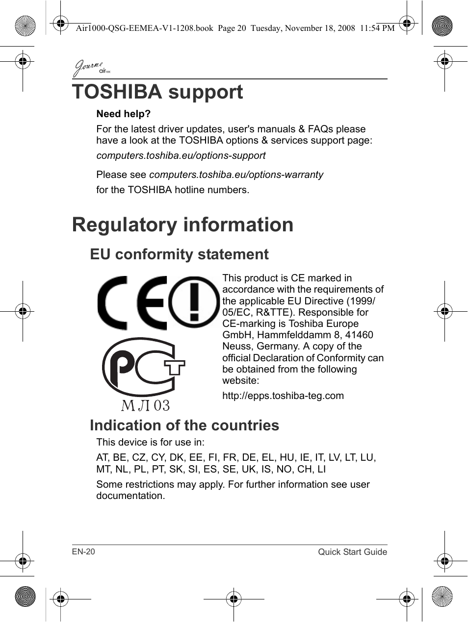 Toshiba support, Regulatory information | Toshiba JournE Air1000 User Manual | Page 20 / 302