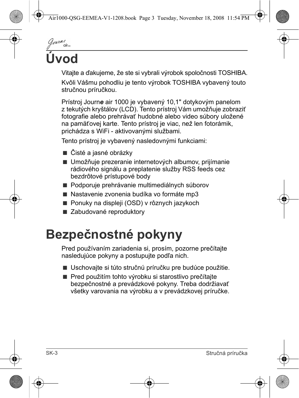Úvod, Bezpečnostné pokyny | Toshiba JournE Air1000 User Manual | Page 214 / 302