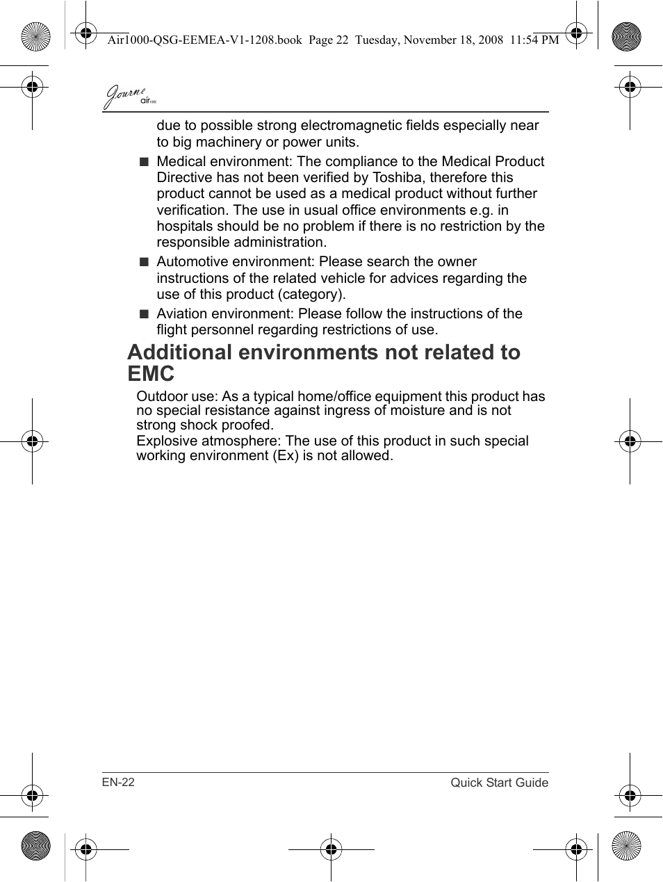 Additional environments not related to emc | Toshiba JournE Air1000 User Manual | Page 22 / 302