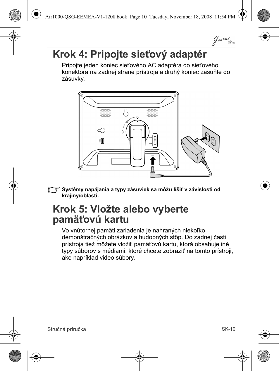 Krok 4: pripojte sieťový adaptér, Krok 5: vložte alebo vyberte pamäťovú kartu | Toshiba JournE Air1000 User Manual | Page 221 / 302