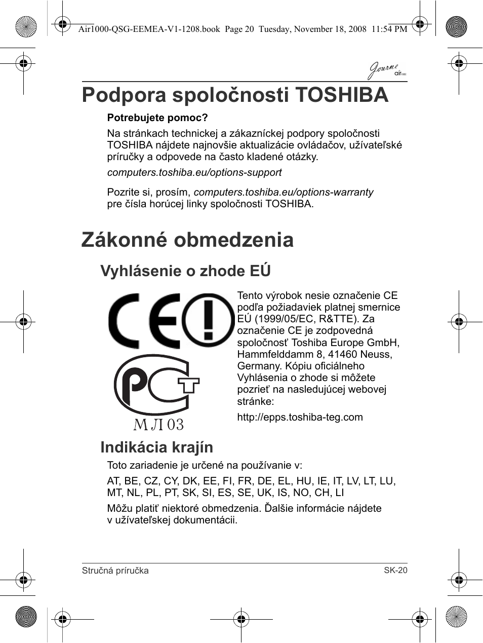 Podpora spoločnosti toshiba, Zákonné obmedzenia, Vyhlásenie o zhode eú indikácia krajín | Toshiba JournE Air1000 User Manual | Page 231 / 302