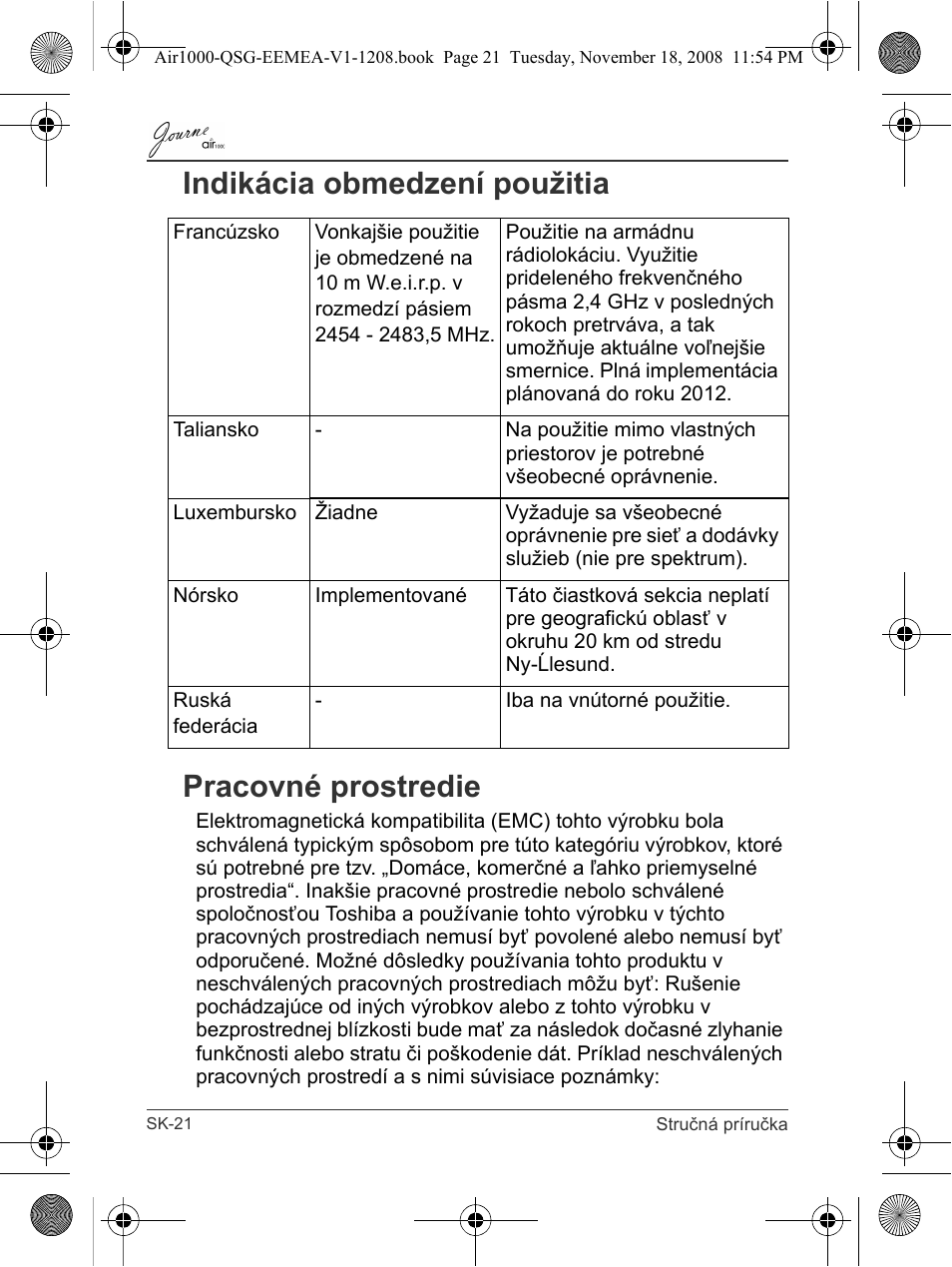Indikácia obmedzení použitia pracovné prostredie | Toshiba JournE Air1000 User Manual | Page 232 / 302