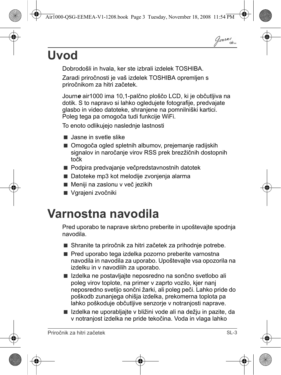 Uvod, Varnostna navodila | Toshiba JournE Air1000 User Manual | Page 237 / 302