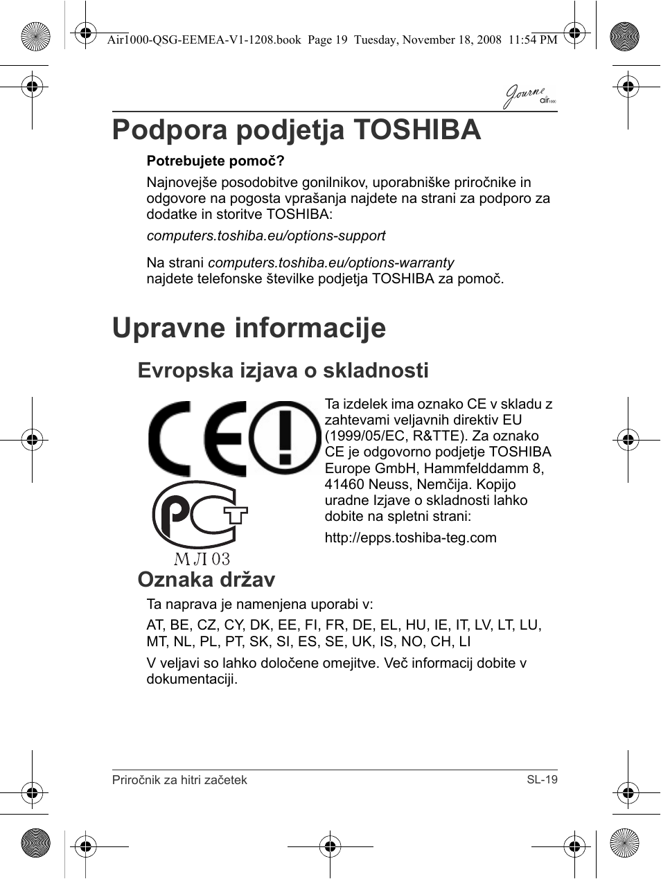 Podpora podjetja toshiba, Upravne informacije, Evropska izjava o skladnosti | Oznaka držav, Evropska izjava o skladnosti oznaka držav | Toshiba JournE Air1000 User Manual | Page 253 / 302