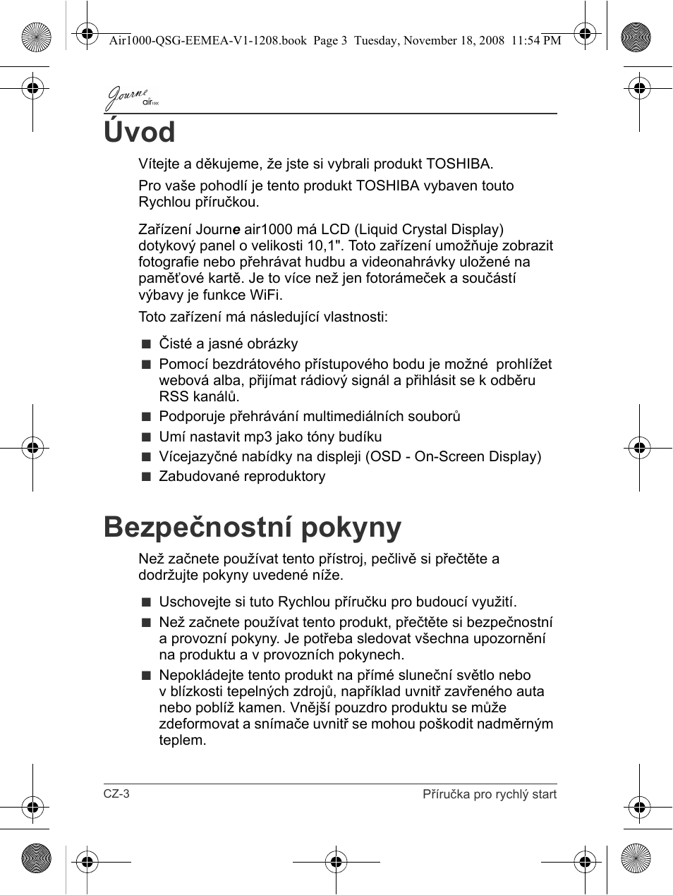 Úvod, Bezpečnostní pokyny | Toshiba JournE Air1000 User Manual | Page 26 / 302