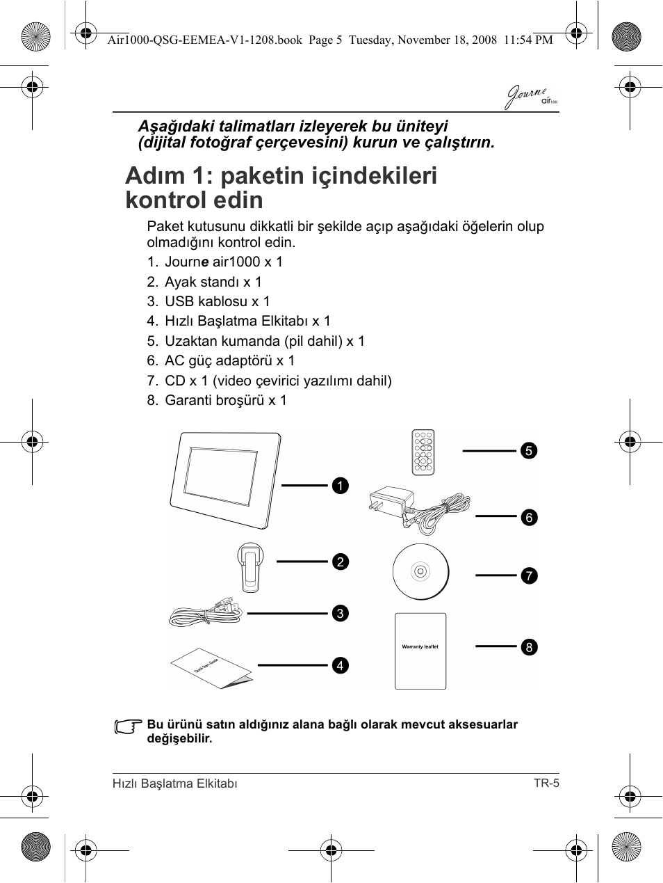 Adım 1: paketin içindekileri kontrol edin | Toshiba JournE Air1000 User Manual | Page 261 / 302