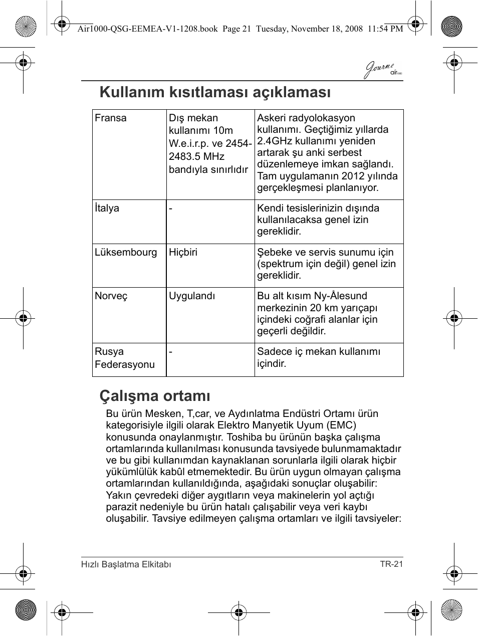 Kullanım kısıtlaması açıklaması çalışma ortamı | Toshiba JournE Air1000 User Manual | Page 277 / 302